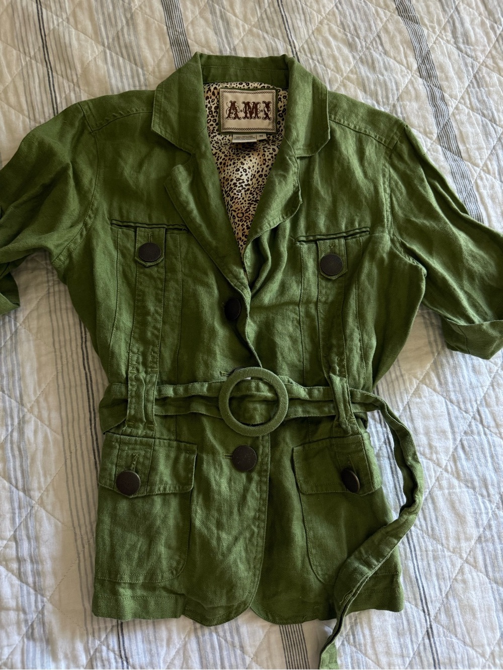 100% Linen Vintage Olive Green Belted Utility Jacket